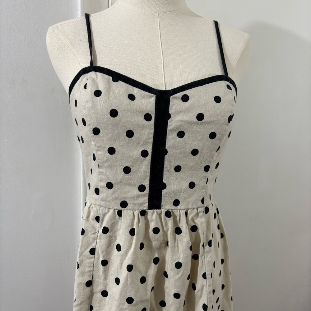 Urban Outfitters COPE Linen Blend Ivory Black Polka Dot Sleeveless Dress Sz M - Picture 2 of 11